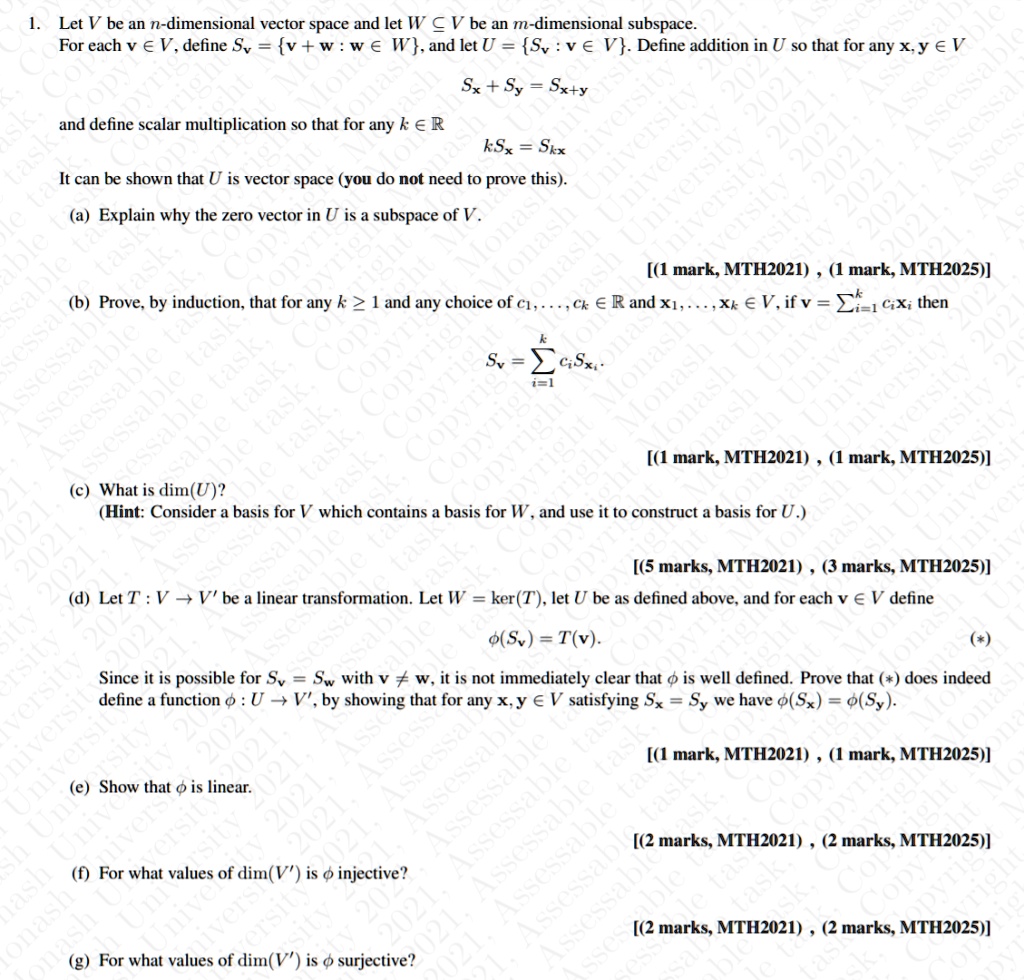 Solved Let V Be An N Dimensional Vector Space And Let W A V Be An M Dimensional Subspace For Each V A V Define Sv W W A W And Let U Sv