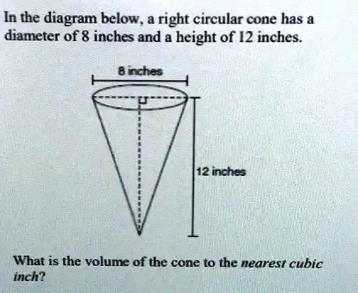In the diagram below, a right circular cone has a diameter of 8 inches ...