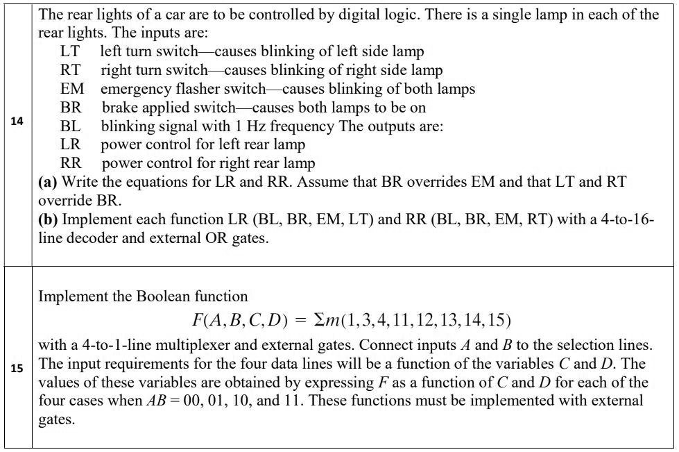The rear lights of a car are to be controlled by digital logic. There ...