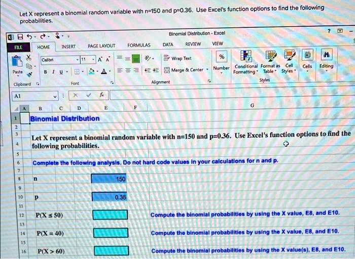 SOLVED: Binomial Distribution - Excel Function Options for Finding ...