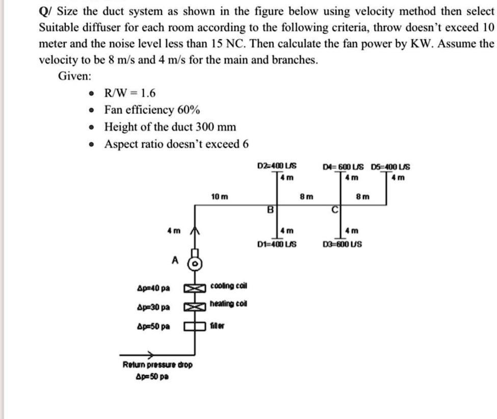 q size the duct system as shown in the figure below using velocity ...