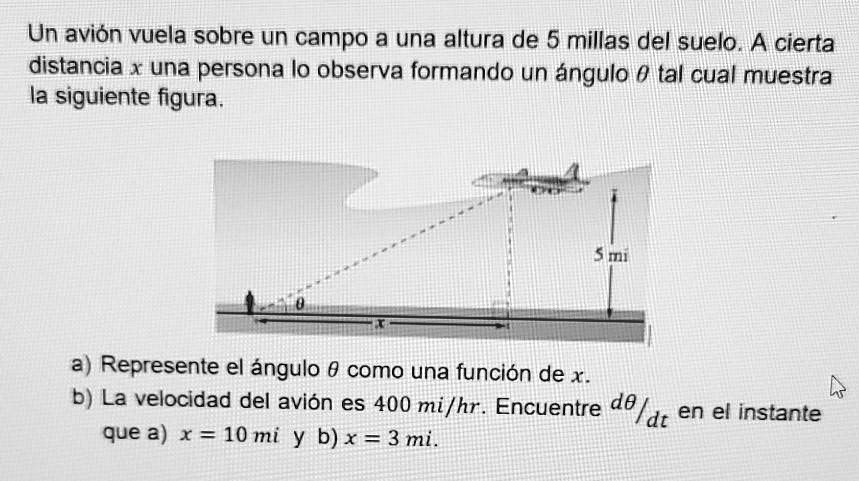 SOLVED: Un Avion Vuela Sobre Un Campo Una Altura De 5 Millas Del Suelo ...