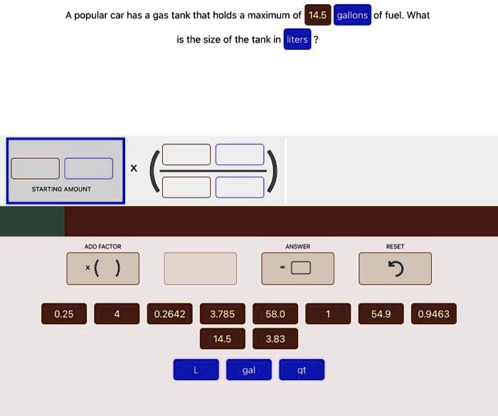 A popular car has a gas tank that holds a maximum of 14.5 gallons of
