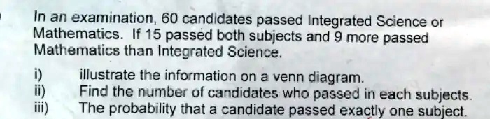 In an examination, 60 candidates passed Integrated Science or
Mathematics. If 15 passed both subjects and 9 more passed
Mathematics than Integrated Science.

i) illustrate the information on a venn diagram.
ii) Find the number of candidates who passed in each subjects.
iii) The probability that a candidate passed exactly one subject.