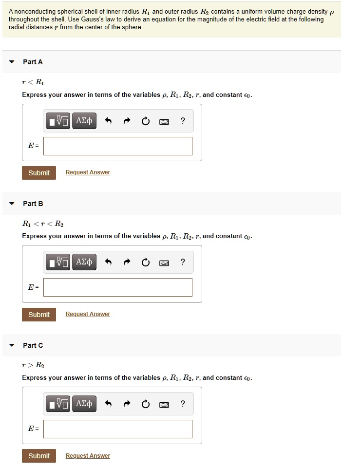 SOLVED: A non-conducting spherical shell of inner radius R1 and outer ...