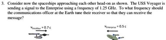 3. Consider now the spaceships approaching each other head-on as shown. The USS Voyager is sending a signal to the Enterprise using a frequency of 1.25 GHz. To what frequency should the communications officer at the Earth tune their receiver so that they can receive the message?
vExcalibur = 0.7c
vEnterprise = 0.5c