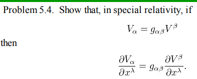 Problem 5.4. Show that, in special relativity, if
[
Valpha=galpha eta V^eta
]
then
[
fracpartial Valphapartial x^lambda=galpha eta fracpartial V^etapartial x^lambda
]