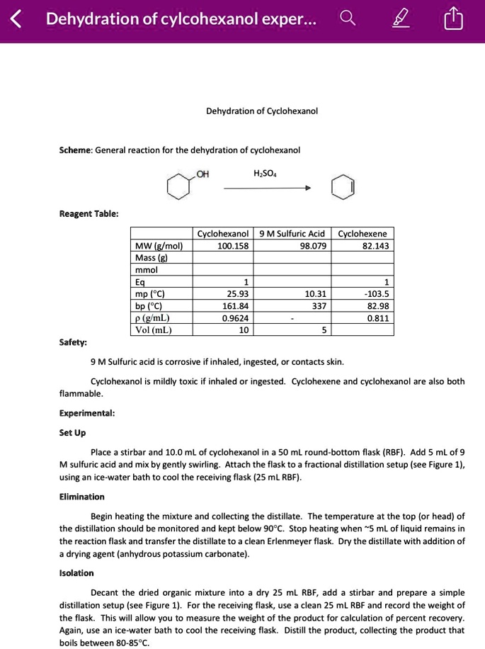 SOLVED Dehydration of cylcohexanol exper.. O Dehydration of