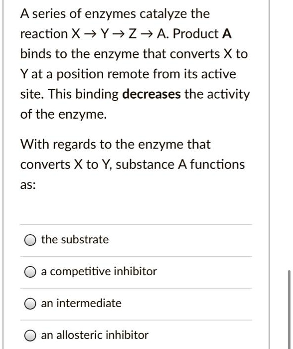 A series of enzymes catalyze the reaction X -> Y -> Z -> A. Product A binds to the enzyme that converts X to Y at a position remote from its active site. This binding decreases the activity of the enzyme. With regards to the enzyme that converts X to Y, substance A functions as: the substrate a competitive inhibitor an intermediate an allosteric inhibitor