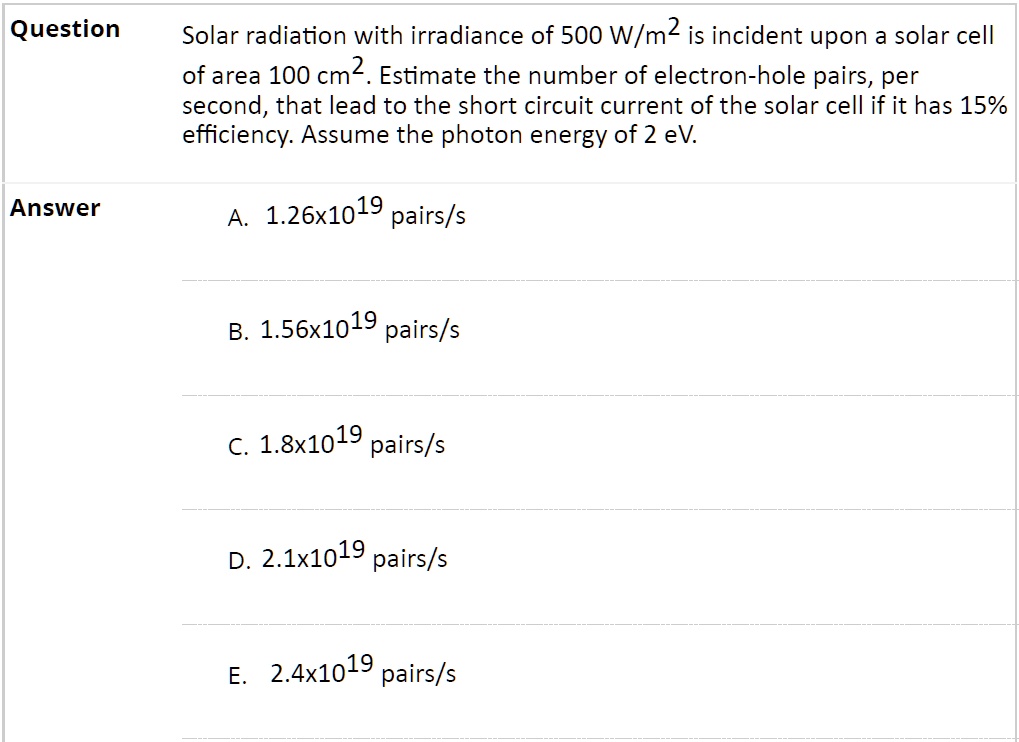 Solar radiation with irradiance of 500 W/m2 is incident upon a solar cell of area 100 cm2. Estimate the number of electron-hole pairs, per second, that lead to the short circuit current of the solar cell if it has 15% efficiency. Assume the photon energy of 2 eV.

A. 1.26x1019 pairs/s
B. 1.56x1019 pairs/s
C. 1.8x1019 pairs/s
D. 2.1x1019 pairs/s
E. 2.4x1019 pairs/s