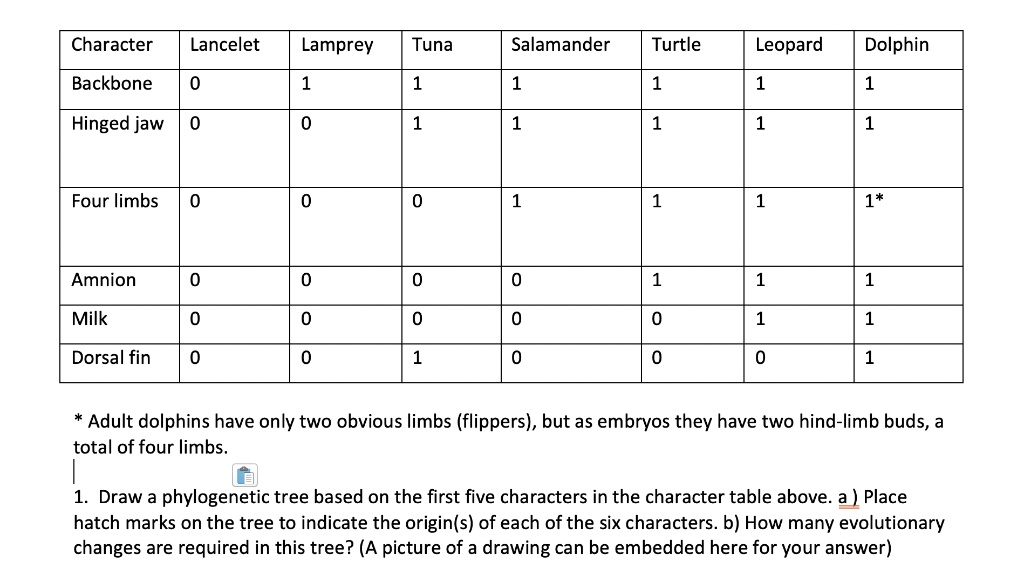 SOLVED: Character Lancelet Lamprey Tuna Salamander Turtle Leopard