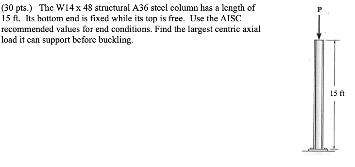 SOLVED: (30 pts.) The W14 x 48 structural A36 steel column has a length ...