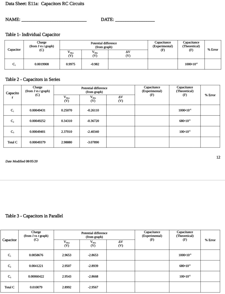 SOLVED Data Sheet Ella Capacitors and RC Circuits NAME DATE Table 1 Individual Capacitor