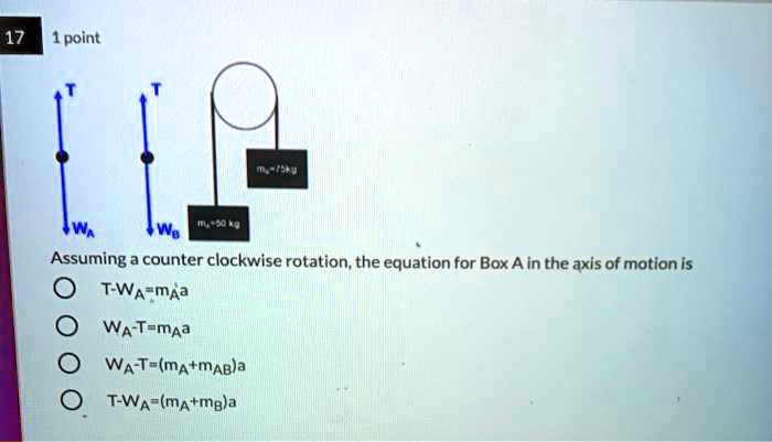 SOLVED: Assuming a counter-clockwise rotation, the equation for Box A in the  axis of motion is TWA - mAÎ± = WA - T - mAÎ± = WA - T - (mA +