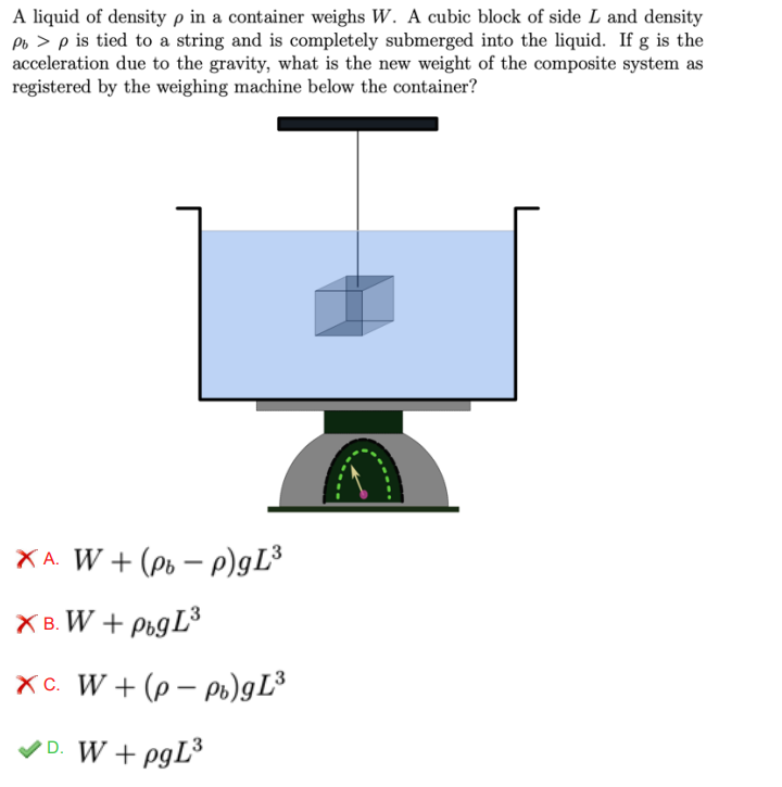 A liquid of density (ho) in a container weighs (W). A cubic block of side (L) and density (hob>ho) is tied to a string and is completely submerged into the liquid. If (g) is the acceleration due to gravity, what is the new weight of the composite system as registered by the weighing machine below the container?
A. (W+(hob-ho)gL^3)
B. (W+hob g L^3)
C. (W+(ho-hob)gL^3)
D. (W+ho g L^3)