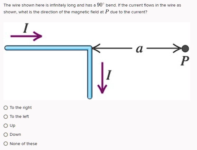 The wire shown here is infinitely long and has a 90° bend. If the current flows in the wire as shown, what is the direction of the magnetic field at P due to the current?
I
a
P
I
To the right
To the left
Up
Down
None of these
