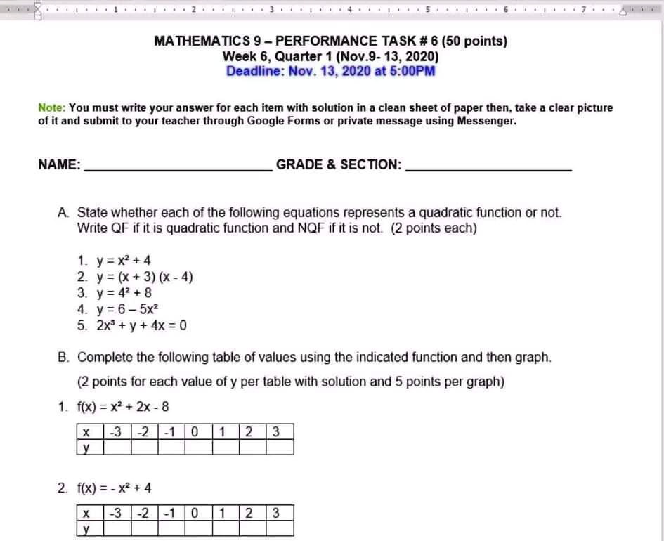 Solved Ma Thematics 9 Performance Ta Sk 6 50 Points Week 6 Quarter 1 Nov 9 13 Deadline Nov 13 At 5 Oopm Note You Must Write Your Answer For Each