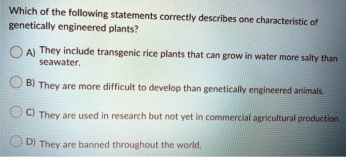 SOLVED: Which of the following statements correctly describes one  characteristic of genetically engineered plants? O A) They include  transgenic rice plants that can grow in water more salty than seawater B)  They