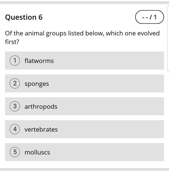 Question 6
Of the animal groups listed below, which one evolved first?
1 flatworms
2 sponges
3 arthropods
4 vertebrates
5 molluscs