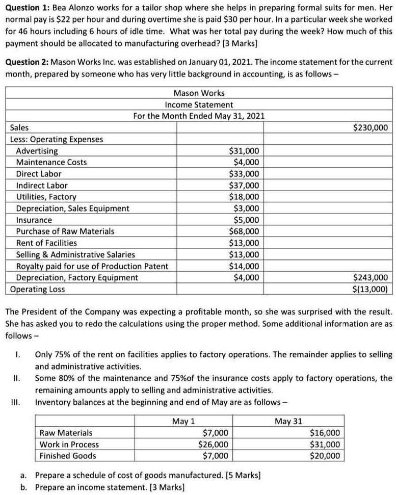 SOLVED Question 1Bea Alonzo works for a tailor shop where she helps