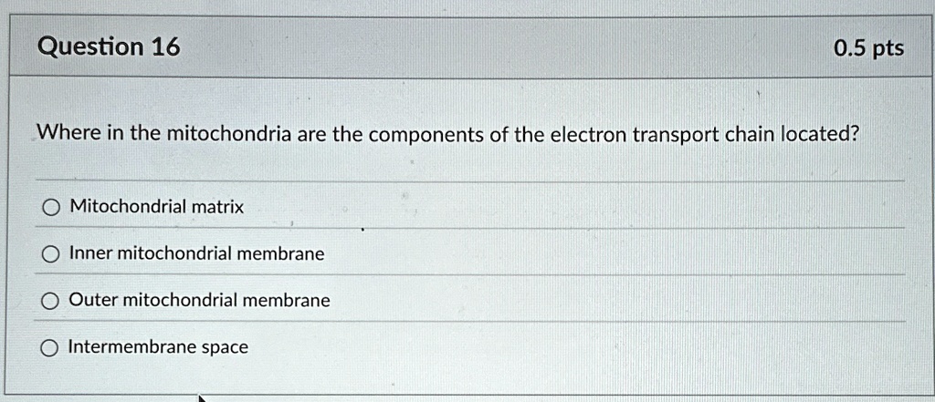 Question 16 0.5 pts Where in the mitochondria are the components of the ...