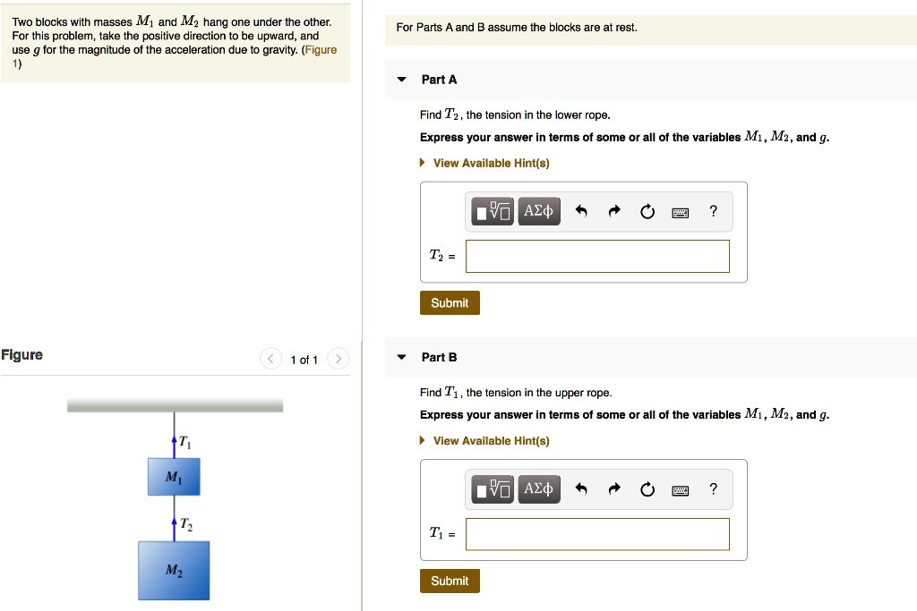 two blocks with masses m and m2 hang one under the other for this ...