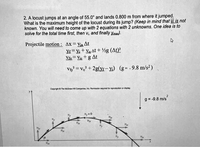 2. A locust jumps at an angle of 55.0° and lands 0.800 m from where it jumped. What is the maximum height of the locust during its jump? (Keep in mind that vi is not known. You will need to come up with 2 equations with 2 unknowns. One idea is to solve for the total time first, then vi, and finally ymax).

Projectile motion : ?x = vix ?t
yf = yi + viy ?t + 1/2g (?t)²
vfy = viy + g ?t
vfy² = viy² + 2g(yf - yi) (g = -9.8 m/s²)