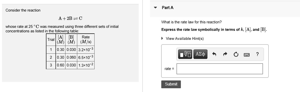 SOLVED: Part A Consider the reaction: A + 2B → C What is the rate law ...