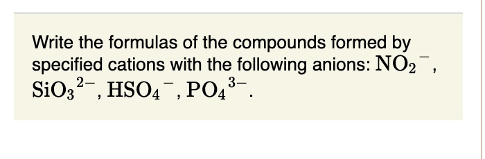 Write The Formulas Of The Compounds Formed By Specified Cations With 