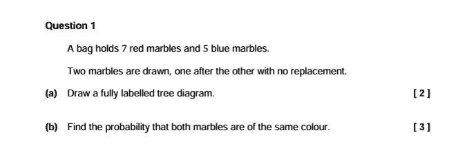 Question 1
A bag holds 7 red marbles and 5 blue marbles.
Two marbles are drawn, one after the other with no replacement.
(a) Draw a fully labelled tree diagram.
[2]
(b) Find the probability that both marbles are of the same colour.
[3]