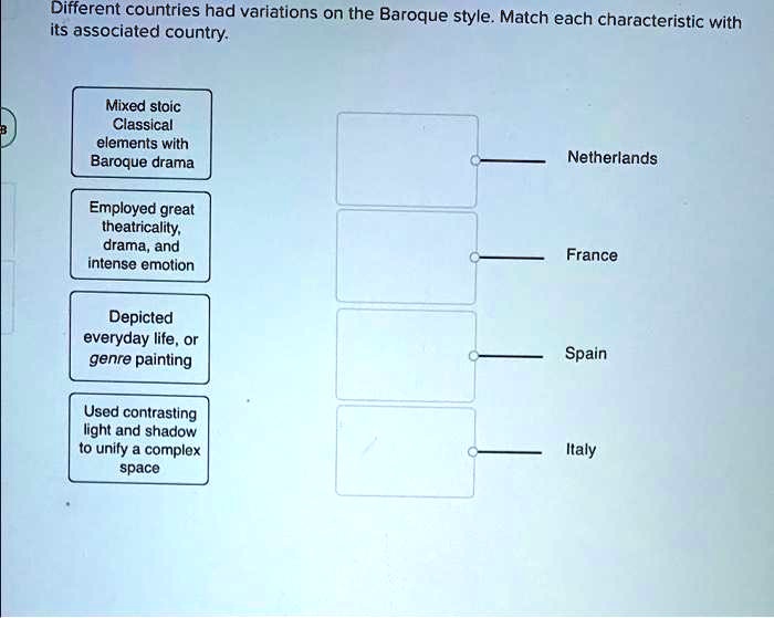 Different countries had variations on the Baroque style. Match each