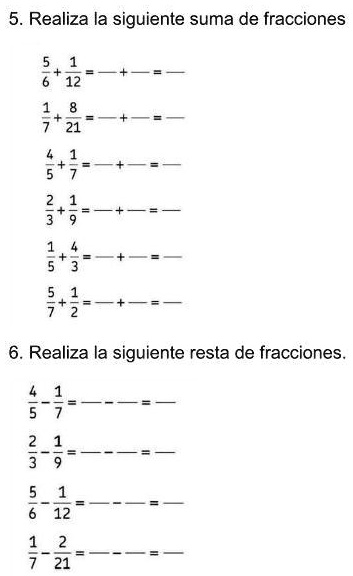 Sumas y restas de fracciones. Simplificar. worksheet