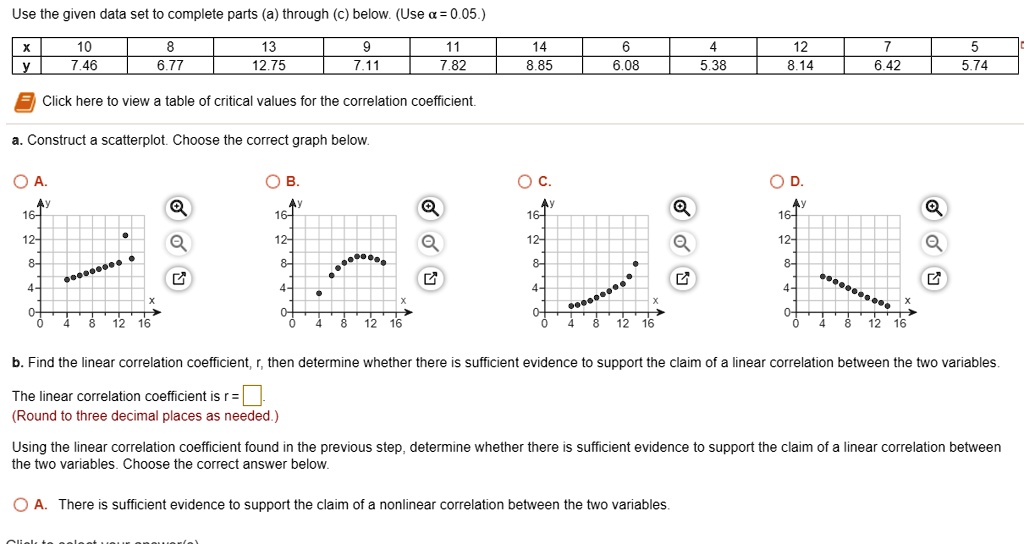 Use the given data set to complete parts (a) through (c) below. (Use ? = 0.05.)
x: 10, 8, 13, 9, 11, 14, 6, 4, 12, 7, 5
y: 7.46, 6.77, 12.75, 7.11, 7.82, 8.85, 6.08, 5.38, 8.14, 6.42, 5.74
Click here to view a table of critical values for the correlation coefficient.
a. Construct a scatterplot. Choose the correct graph below.
b. Find the linear correlation coefficient, r, then determine whether there is sufficient evidence to support the claim of a linear correlation between the two variables.
The linear correlation coefficient is r = 
(Round to three decimal places as needed.)
Using the linear correlation coefficient found in the previous step, determine whether there is sufficient evidence to support the claim of a linear correlation between the two variables. Choose the correct answer below.
A. There is sufficient evidence to support the claim of a nonlinear correlation between the two variables.