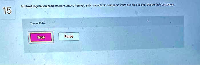 Antitrust legislation protects consumers from gigantic, monolithic companies that are able to overcharge their customers.
15
True or False
True
False