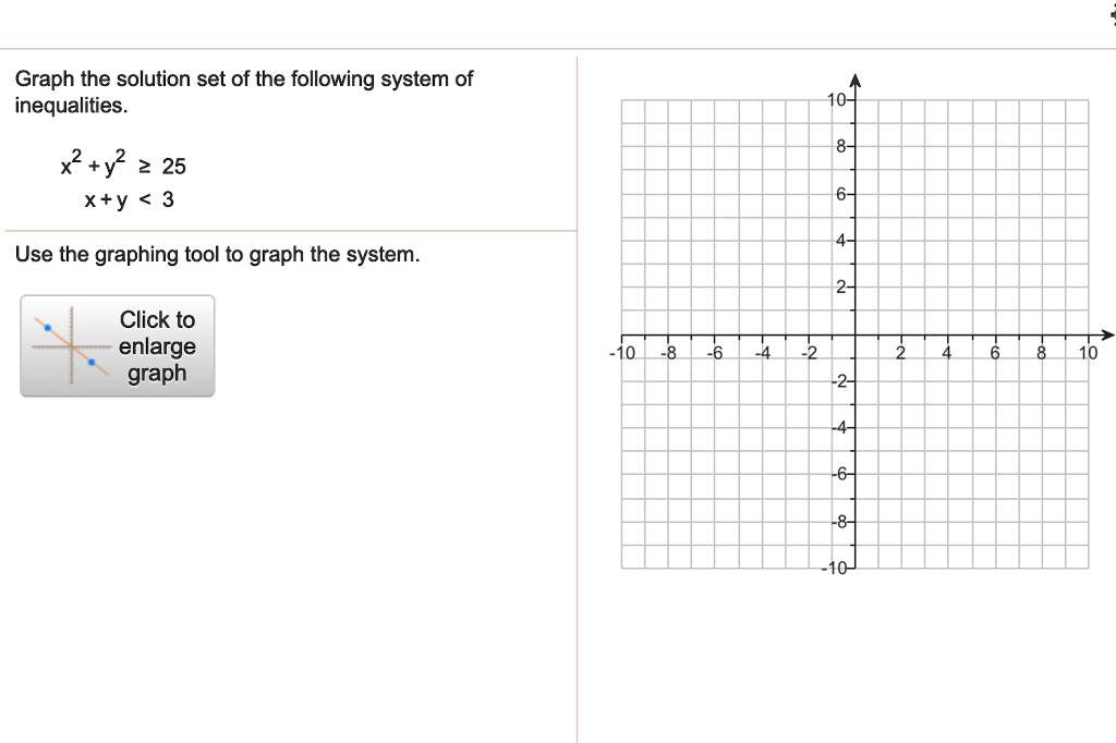 Solved Graph The Solution Set Of The Following System Of Inequalities X Y 2 25 X Y Use The Graphing Tool To Graph The System Click To Enlarge Graph 10 8 Solved Graph The Solution Set Of The Following System Of Inequalities X Y 2 25 X Y Use The Graphing Tool To Graph The System Click To Enlarge Graph 10 8