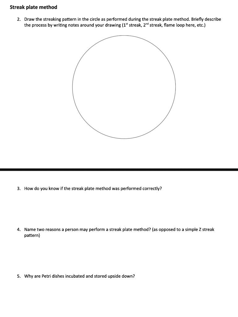 SOLVED: Streak plate method Draw the streaking pattern in the circle as ...