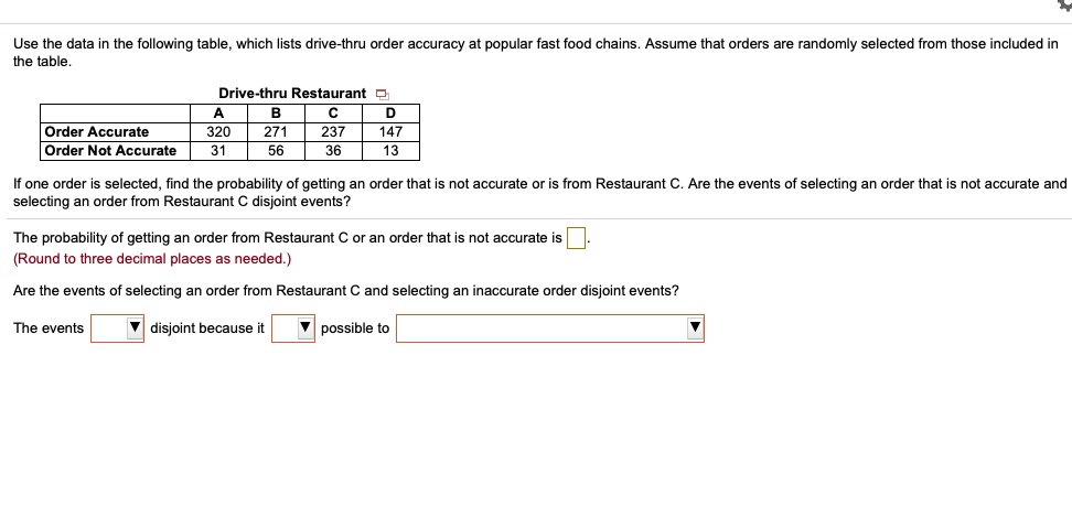 SOLVED: Use The Data In The Following Table Which Lists Drive-thru ...