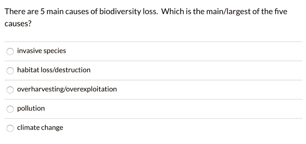 [GET ANSWER] there are 5 main causes of biodiversity loss which is the ...