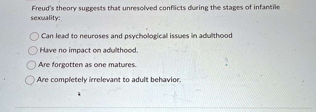 Freud's theory suggests that unresolved conflicts during the stages of infantile
sexuality:
Can lead to neuroses and psychological issues in adulthood
Have no impact on adulthood.
Are forgotten as one matures.
Are completely irrelevant to adult behavior.
