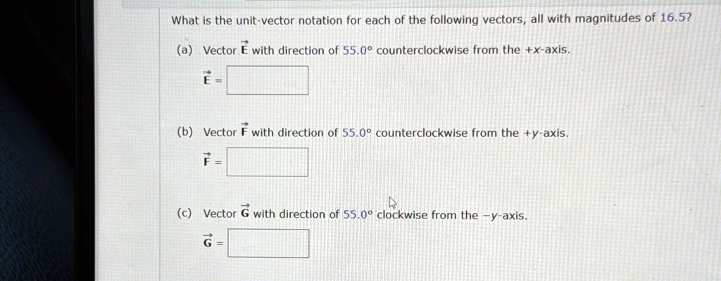 what is the unit vector notation for each of the following vectors all with magnitudes of 165 a vector vece with direction of 550 counterclockwise from the x axis vece b vector vecf with dir 65521