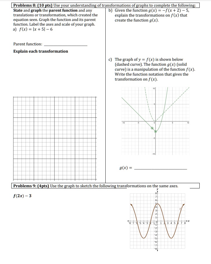 Solved Problems 8 10 Pts Use Your Understanding Of Transformations Ofgraphs To Complete The Following State And Graph The Parent Function And Any Given The Function G X Translations 0r Transformation Which Created The