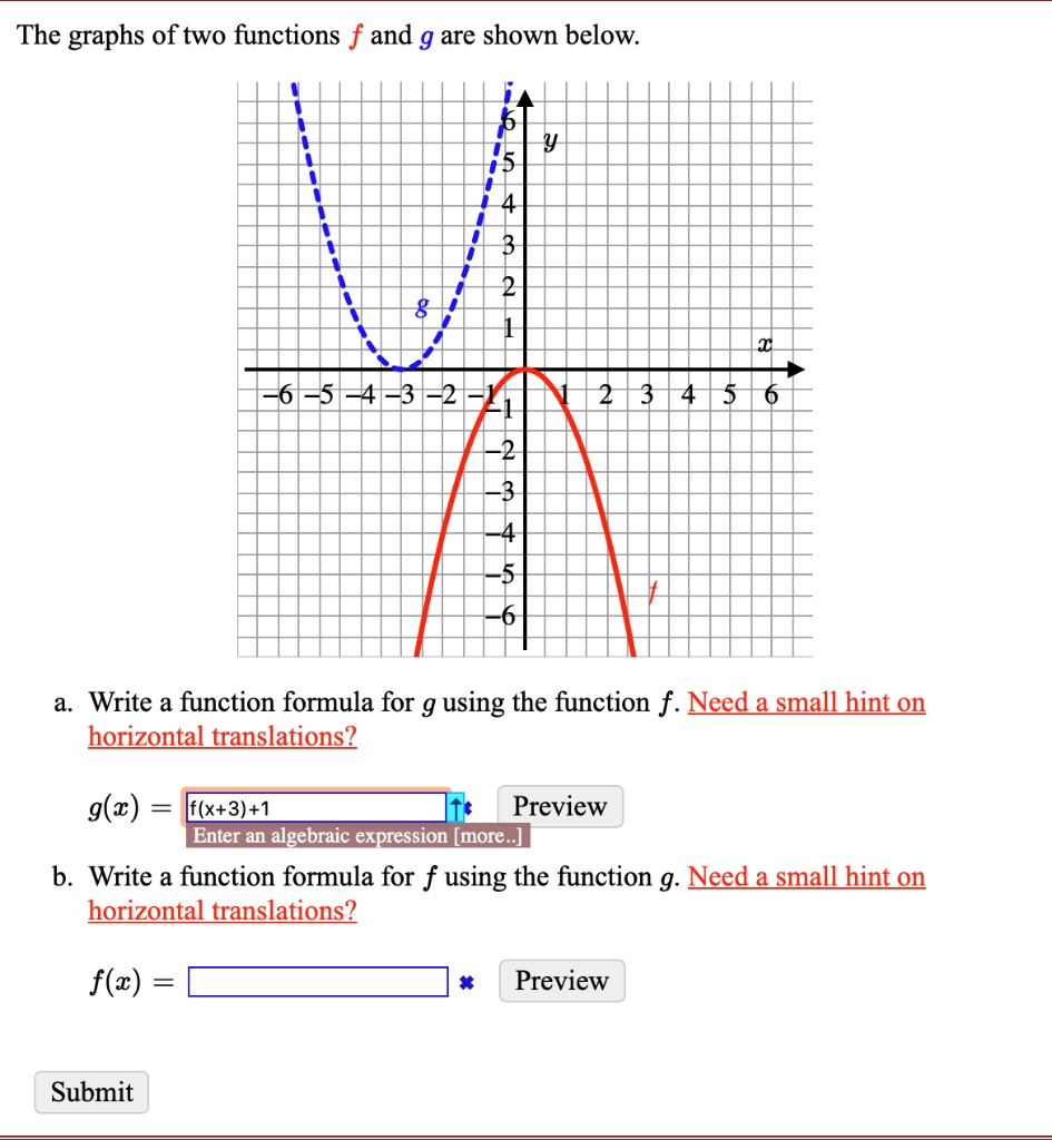 The graphs of two functions f and g are shown below.
y
x
a. Write a function formula for g using the function f. Need a small hint on horizontal translations?
g(x) = f(x+3)+1
b. Write a function formula for f using the function g. Need a small hint on horizontal translations?
f(x) =
Submit