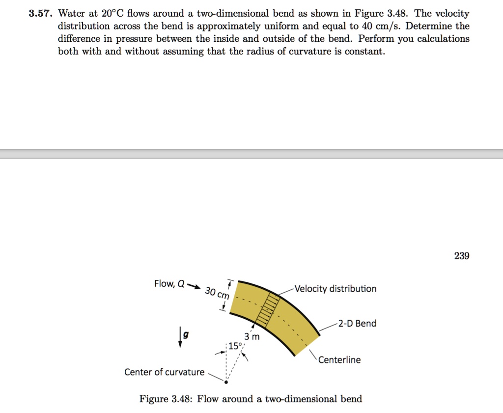 3.57. Water at 20°C flows around a two-dimensional bend as shown in ...