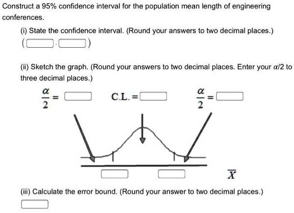 Construct a 95% confidence interval for the population mean length of engineering conferences.
(i) State the confidence interval. (Round your answers to two decimal places.)
( , )
(ii) Sketch the graph. (Round your answers to two decimal places. Enter your ?/2 to three decimal places.)
?/2 = 
C.L. = 
?/2 = 
X?
(iii) Calculate the error bound. (Round your answer to two decimal places.)