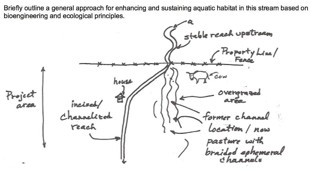 Briefly outline a general approach for enhancing and sustaining aquatic habitat in this stream based on bioengineering and ecological principles.
stable reach upstream
Property Line/ Fence
cow
house
overgrazed area
Project area
incised/ Channelized reach
former channel location / now pasture with braided ephemeral channels