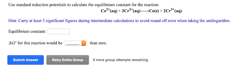 SOLVED: Use standard reduction potentials to calculate the equilibrium ...