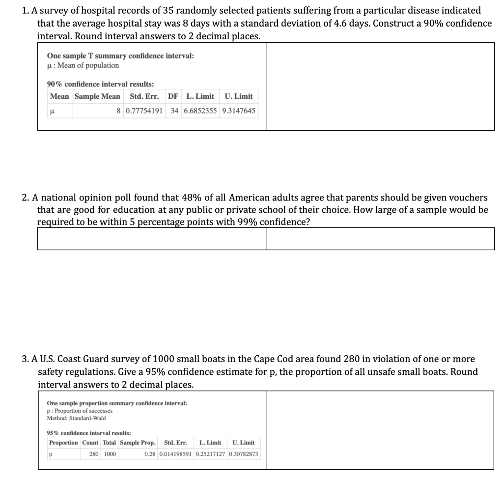 1. A survey of hospital records of 35 randomly selected patients suffering from a particular disease indicated that the average hospital stay was 8 days with a standard deviation of 4.6 days. Construct a 90% confidence interval. Round interval answers to 2 decimal places.
One sample T summary confidence interval:
?: Mean of population
90% confidence interval results:
Mean Sample Mean Std. Err. DF L. Limit U. Limit
? 8 0.77754191 34 6.6852355 9.3147645
2. A national opinion poll found that 48% of all American adults agree that parents should be given vouchers that are good for education at any public or private school of their choice. How large of a sample would be required to be within 5 percentage points with 99% confidence?
3. A U.S. Coast Guard survey of 1000 small boats in the Cape Cod area found 280 in violation of one or more safety regulations. Give a 95% confidence estimate for p, the proportion of all unsafe small boats. Round interval answers to 2 decimal places.
One sample proportion summary confidence interval:
p : Proportion of successes
Method: Standard-Wald
95% confidence interval results:
Proportion Count Total Sample Prop. Std. Err. L. Limit U. Limit
p 280 1000 0.28 0.014198591 0.25217127 0.30782873