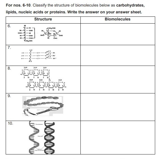 SOLVED For nos. 610. Classify the structure of biomolecules below as