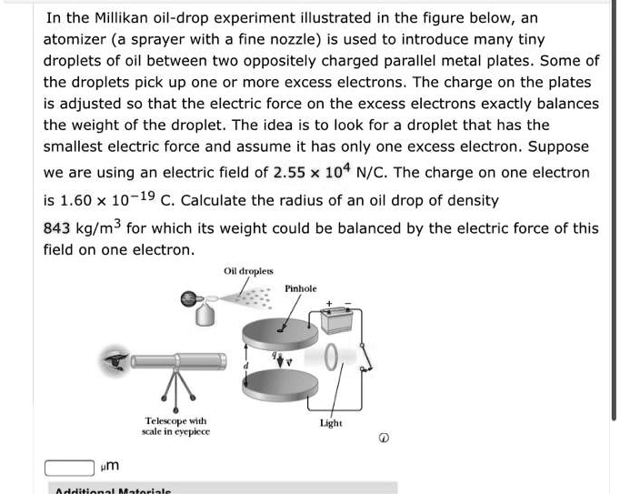In the Millikan oil-drop experiment illustrated in the figure below, an atomizer (a sprayer with a fine nozzle) is used to introduce many tiny droplets of oil between two oppositely charged parallel metal plates. Some of the droplets pick up one or more excess electrons. The charge on the plates is adjusted so that the electric force on the excess electrons exactly balances the weight of the droplet. The idea is to look for a droplet that has the smallest electric force and assume it has only one excess electron. Suppose we are using an electric field of 2.55 × 10^4 N/C. The charge on one electron is 1.60 × 10^-19 C. Calculate the radius of an oil drop of density 843 kg/m^3 for which its weight could be balanced by the electric force of this field on one electron.