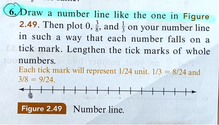 6. Draw a number line like the one in Figure 2.49. Then plot 0, 3/8, and 1/3 on your number line in such a way that each number falls on a tick mark. Lengthen the tick marks of whole numbers.
Each tick mark will represent 1/24 unit. 1/3 = 8/24 and 3/8 = 9/24.
Figure 2.49 Number line.